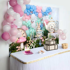 Lofaris Fond Pâques Alice Tea Party Lapin et Horloge, Arrière-plan Printemps Arche Ballons Pastel