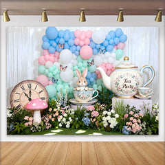 Lofaris Fond Pâques Alice Tea Party Lapin et Horloge, Arrière-plan Printemps Arche Ballons Pastel