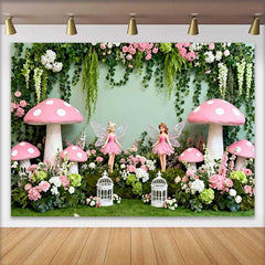 Lofaris Fond Printemps Champignon Rose Géant et Fée, Arrière-plan Anniversaire Forêt Enchantée Florale