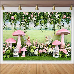 Lofaris Fond Printemps Prairie Féerique Champignon Rose, Arrière-plan Anniversaire Fille Forêt Enchantée