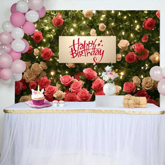 Lofaris Fond Anniversaire Mur Roses Rouges Blanches, Arrière-plan Fête Femme Guirlandes Lumineuses