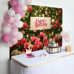 Lofaris Fond Anniversaire Mur Roses Rouges Blanches, Arrière-plan Fête Femme Guirlandes Lumineuses