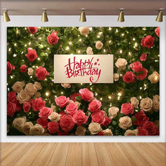 Lofaris Fond Anniversaire Mur Roses Rouges Blanches, Arrière-plan Fête Femme Guirlandes Lumineuses