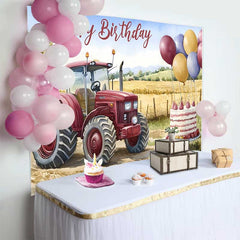 Lofaris Fond Anniversaire Tracteur Rouge Aquarelle, Arrière-plan Fête Garçon Ballons Ferme et Gâteau