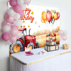 Lofaris Fond Anniversaire Ferme Tracteur Rouge, Arrière-plan Photographie Garçon Champ de Blé Ballons