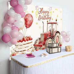 Lofaris Fond Anniversaire Tracteur Rouge et Gâteau, Arrière-plan Fête Garçon Ballons de Ferme