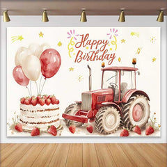 Lofaris Fond Anniversaire Tracteur Rouge et Gâteau, Arrière-plan Fête Garçon Ballons de Ferme
