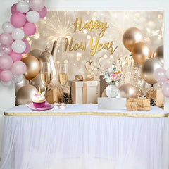 Lofaris Fond Nouvel An Ballons Dorés Champagne, Arrière-plan Photographie Fête Hiver avec Cadeaux