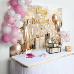 Lofaris Fond Nouvel An Ballons Dorés Champagne, Arrière-plan Photographie Fête Hiver avec Cadeaux