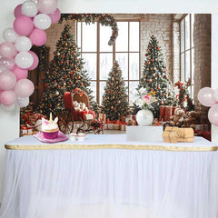 Lofaris Fond Noël Pièce Vintage Sapin, Arrière-plan Fête Hiver Ours en Peluche et Calèche