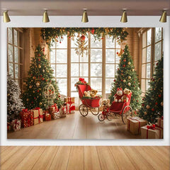 Lofaris Fond Noël Fenêtre Vintage Sapin, Arrière-plan Fête Hiver Calèche Rouge et Ours en Peluche