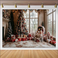 Lofaris Fond Noël Salon Cosy et Sapin, Arrière-plan Fête Vacances Calèche et Ours en Peluche Vintage