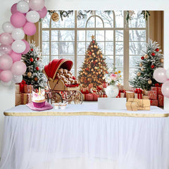 Lofaris Fond Photographie Noël, Scène Fenêtre Hiver sous la Neige avec Poussette Rouge et Oursons