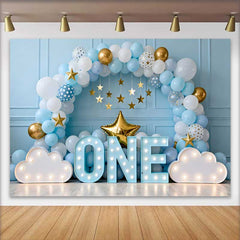Lofaris Fond Smash Cake 1er Anniversaire Garçon, Arche Ballons Bleu Blanc ONE et Étoiles Dorées