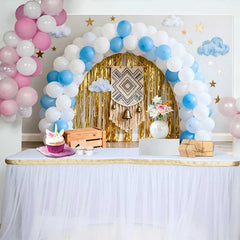 Lofaris Fond Smash Cake 1er Anniversaire Boho, Arche Ballons Bleu Blanc Franges Or et Macramé