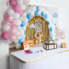 Lofaris Fond Smash Cake 1er Anniversaire Boho, Arche Ballons Bleu Blanc Franges Or et Macramé