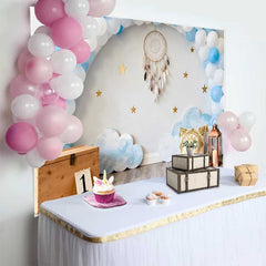 Lofaris Fond Premier Anniversaire Onirique, Arche Ballons Bleus Attrape-rêves et Étoiles Smash Cake