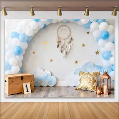 Lofaris Fond Premier Anniversaire Onirique, Arche Ballons Bleus Attrape-rêves et Étoiles Smash Cake