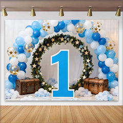Lofaris Fond Premier Anniversaire Garçon, Arche Ballons Bleu Blanc Couronne Verte et Chiffre 1