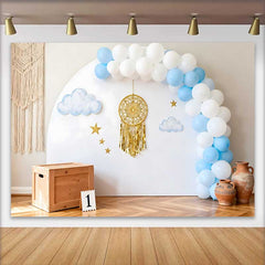 Lofaris Fond Smash Cake 1er Anniversaire Boho, Arche Ballons Bleu Blanc Décor Attrape-rêves Doré