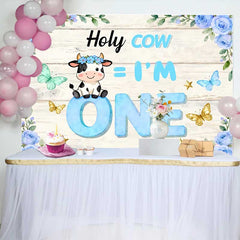 Lofaris Fond Anniversaire Holy Cow 1 An, Thème Vache Bleue pour Smash Cake Garçon