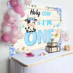 Lofaris Fond Anniversaire Holy Cow 1 An, Thème Vache Bleue pour Smash Cake Garçon