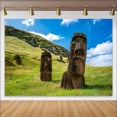 Lofaris Fond Statues Moai Géantes Colline Herbe, Arrière-plan Photographie Reliques Historiques