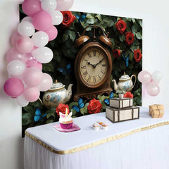 Lofaris Fond de Mariage Jardin Enchanté avec Horloge Vintage, Roses Rouges et Papillons Bleus