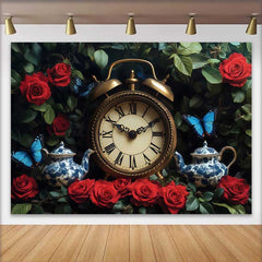 Lofaris Fond de Mariage Jardin Enchanté avec Horloge Vintage, Roses Rouges et Théières Papillons Bleus