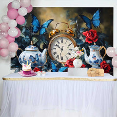 Lofaris Fond de Mariage Horloge Vintage et Papillons Bleus, Roses Rouges et Théières Jardin Enchanté