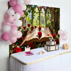 Lofaris Fond de Mariage Fenêtre en Vitrail Enchanté avec Roses Rouges et Vieux Livre, Décor Conte de Fées