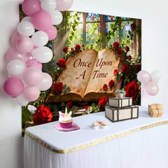 Lofaris Fond de Mariage Livre d'Histoires Il Était Une Fois avec Roses Rouges, Décor Vitrail Enchanté