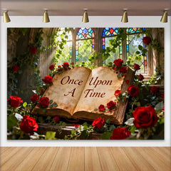 Lofaris Fond de Mariage Livre d'Histoires Il Était Une Fois avec Roses Rouges, Décor Vitrail Enchanté