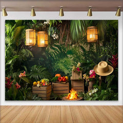Lofaris Fond de Cake Smash Anniversaire Jungle Tropicale Vibrante, Verdure avec Feu de Camp et Lanternes