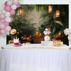 Lofaris Fond de Cake Smash Anniversaire Jungle Verte Luxuriante, Feu de Camp Rustique et Lanternes Chaudes