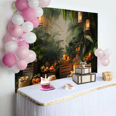 Lofaris Fond de Cake Smash Anniversaire Jungle Verte Luxuriante, Feu de Camp Rustique et Lanternes Chaudes