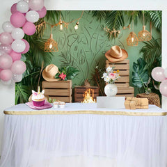 Lofaris Fond de Cake Smash Anniversaire Vert Tropical Luxuriant, Feuilles de Jungle Boho et Guirlandes