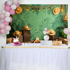 Lofaris Fond de Cake Smash Anniversaire Feuilles de Jungle Tropicale, Accessoire Studio Photo Feu de Camp