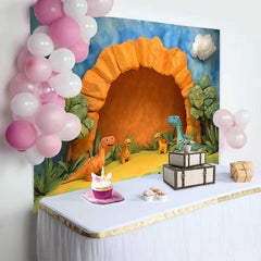 Lofaris Fond de Cake Smash Anniversaire Dinosaures et Grotte en Dessin Animé, Décor de Fête Préhistorique