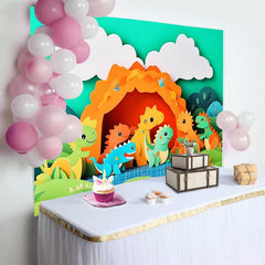 Lofaris Fond de Cake Smash Anniversaire Dinosaure en Dessin Animé, Décor de Fête Grotte Jungle Préhistorique