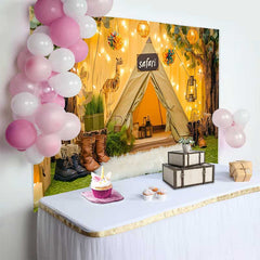 Lofaris Fond de Cake Smash Anniversaire Tente Safari et Arbres avec Guirlande Girafe, Décor Aventure