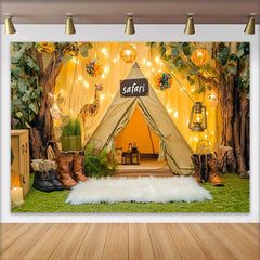 Lofaris Fond de Cake Smash Anniversaire Tente Safari et Arbres avec Guirlande Girafe, Décor Aventure