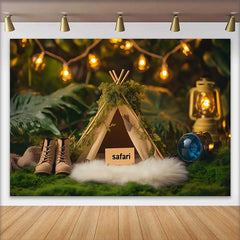 Lofaris Fond de Cake Smash Anniversaire Safari de Forêt Cosy, avec Teepee Moussu, Lanterne et Bottes