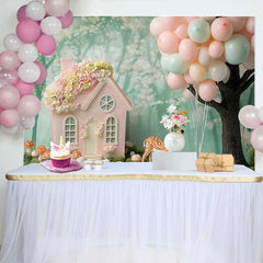 Lofaris Fond de Cake Smash Anniversaire Maison de Fée Rose et Cerf, Ballons Pastel Décor de Fête