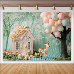 Lofaris Fond de Cake Smash Anniversaire Maison de Fée Rose et Cerf, Ballons Pastel Décor de Fête