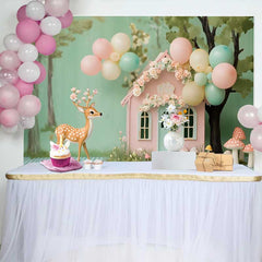 Lofaris Fond de Cake Smash Anniversaire Maison de Fée de la Forêt et Cerf, Décoration Ballons Pastel