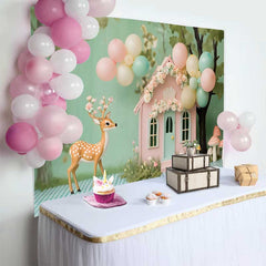 Lofaris Fond de Cake Smash Anniversaire Maison de Fée de la Forêt et Cerf, Décoration Ballons Pastel