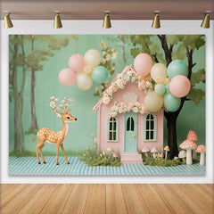 Lofaris Fond de Cake Smash Anniversaire Maison de Fée de la Forêt et Cerf, Décoration Ballons Pastel