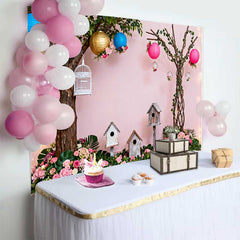 Lofaris Fond de Printemps Jardin Enchanté Rose avec Fleurs Luxuriantes, Nichoirs et Lanternes Baby Shower