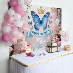 Lofaris Fond de Cake Smash Anniversaire Papillon Bleu et Couronne d'Or, Fleurs Roses et Ballons